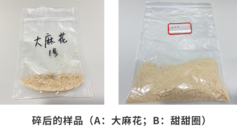粉碎后的樣品（a：大麻花；b：甜甜圈）